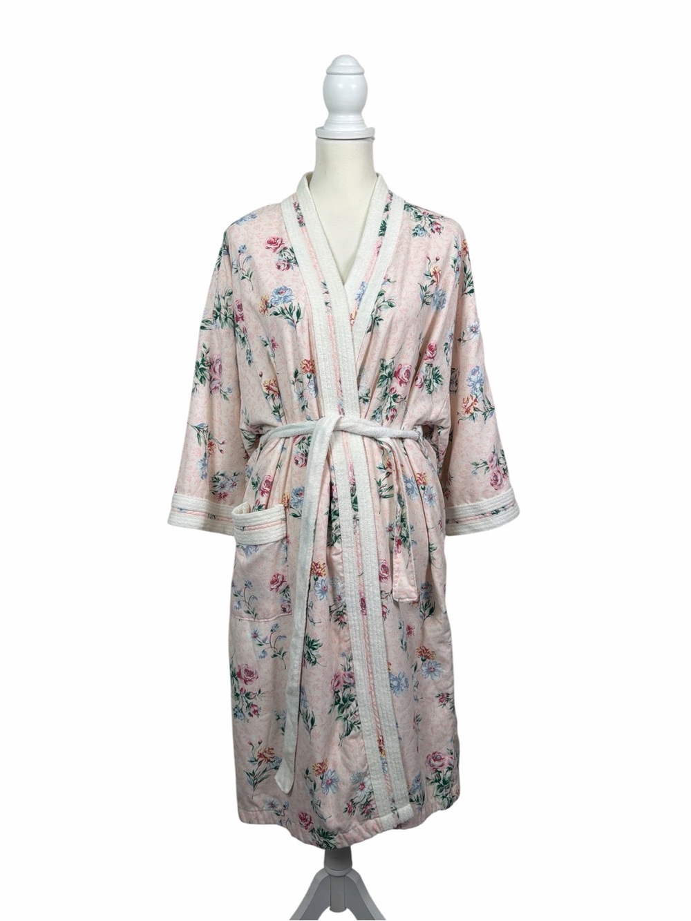 Adonna Floral Terry Cloth Bathrobe Large Pink Rose Print Robe Belted Cottagecore